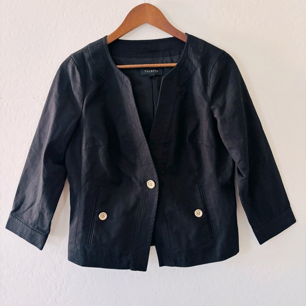 Talbots‎ Womens Jacket Blazer Black 6 Cotton Spandex 3/4 Sleeve Academia Career